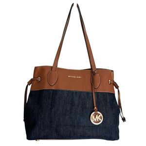Michael Kors Tote Bag Womens Medium Blue Denim Brown Leather Shoulder MK Charm